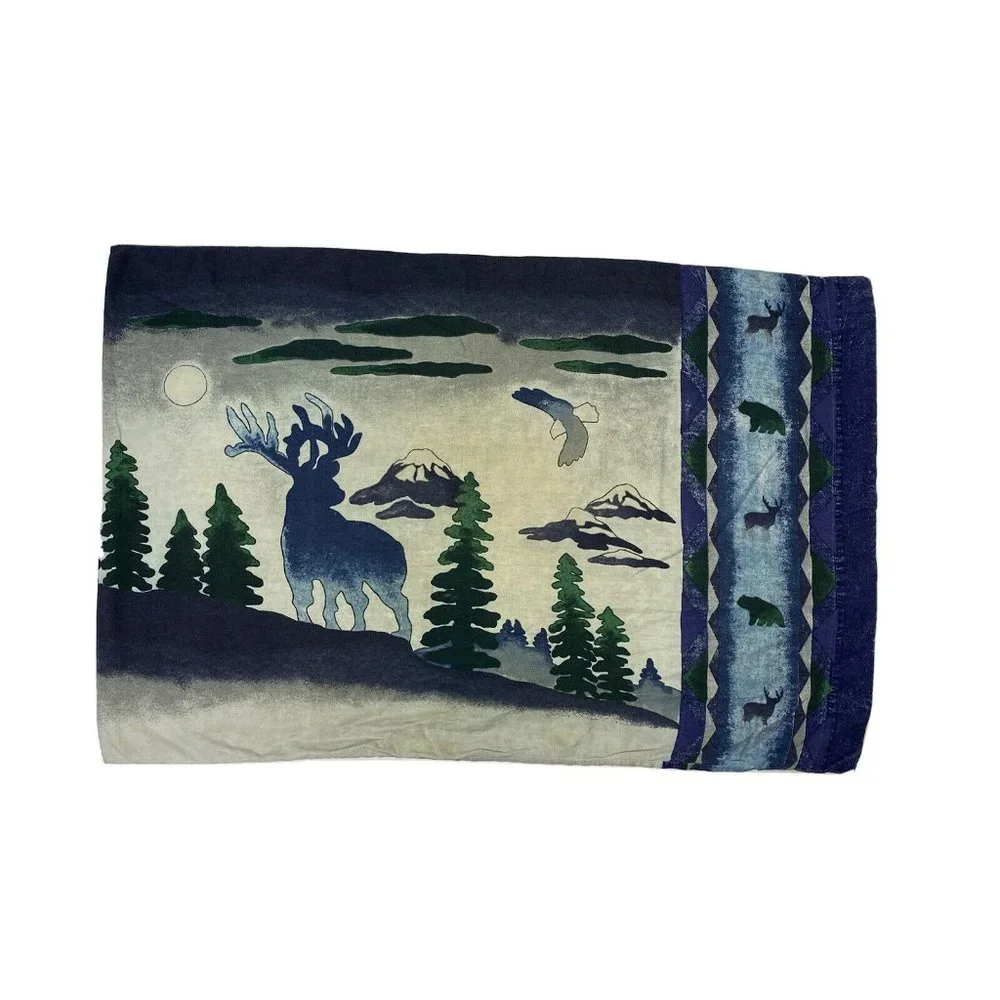 2 Vintage 1970s Lodge Log Cabin Pillowcases Flannel Deer Hunting Shams Retro